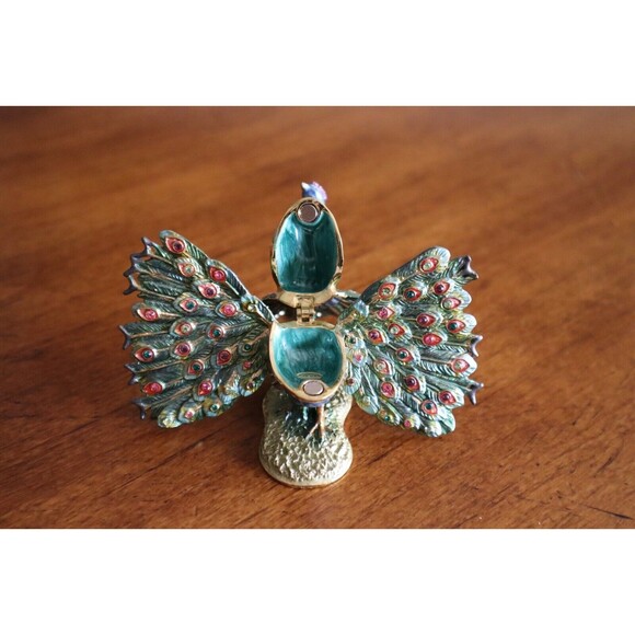 Vintage Rucinni Swarovski Crystal Accented Peacock Hinged Trinket Box SIGNED - Picture 7 of 12